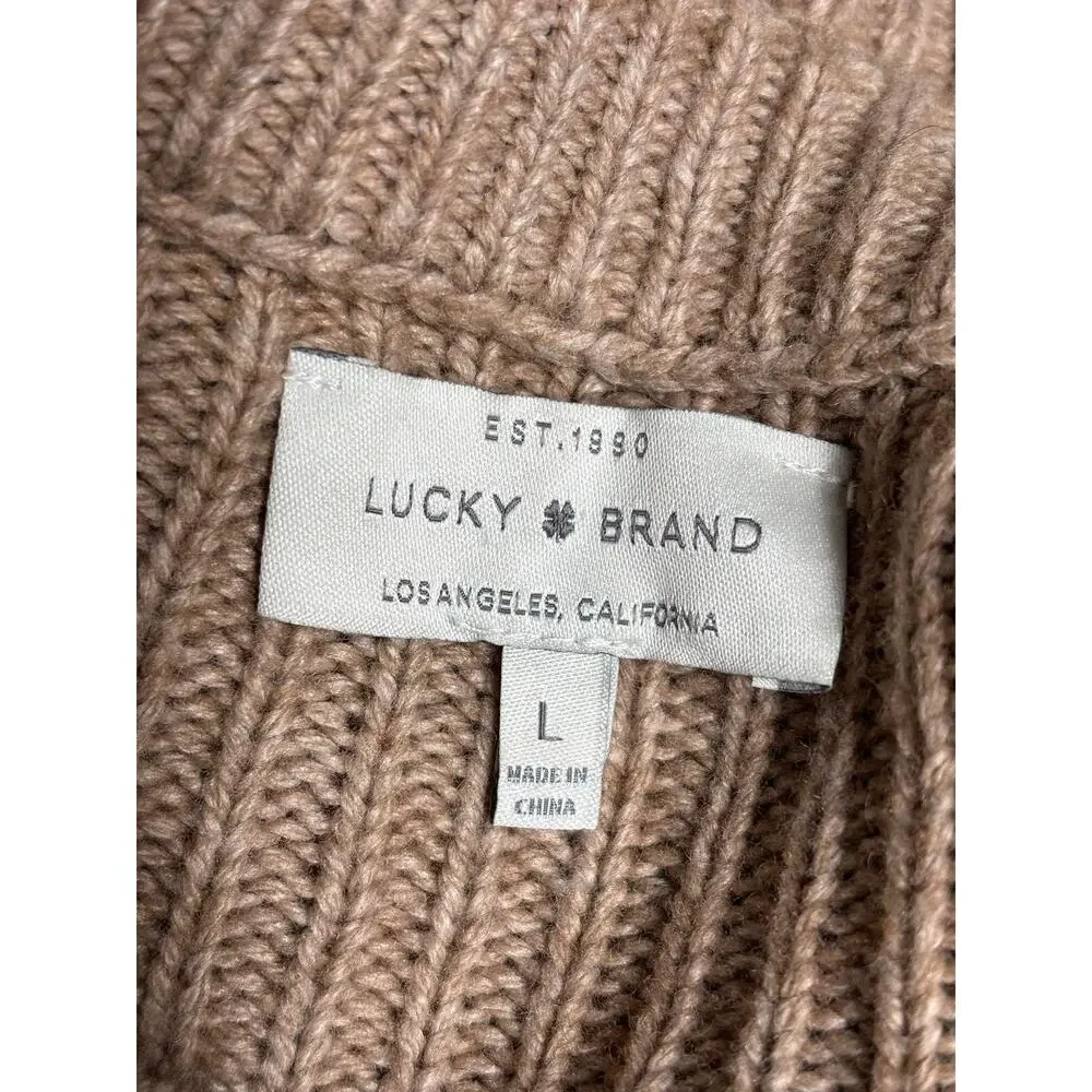 Lucky Brand Sweater Womens Large Tan Open Knit V Neck Mock Neck Cutout Pullover